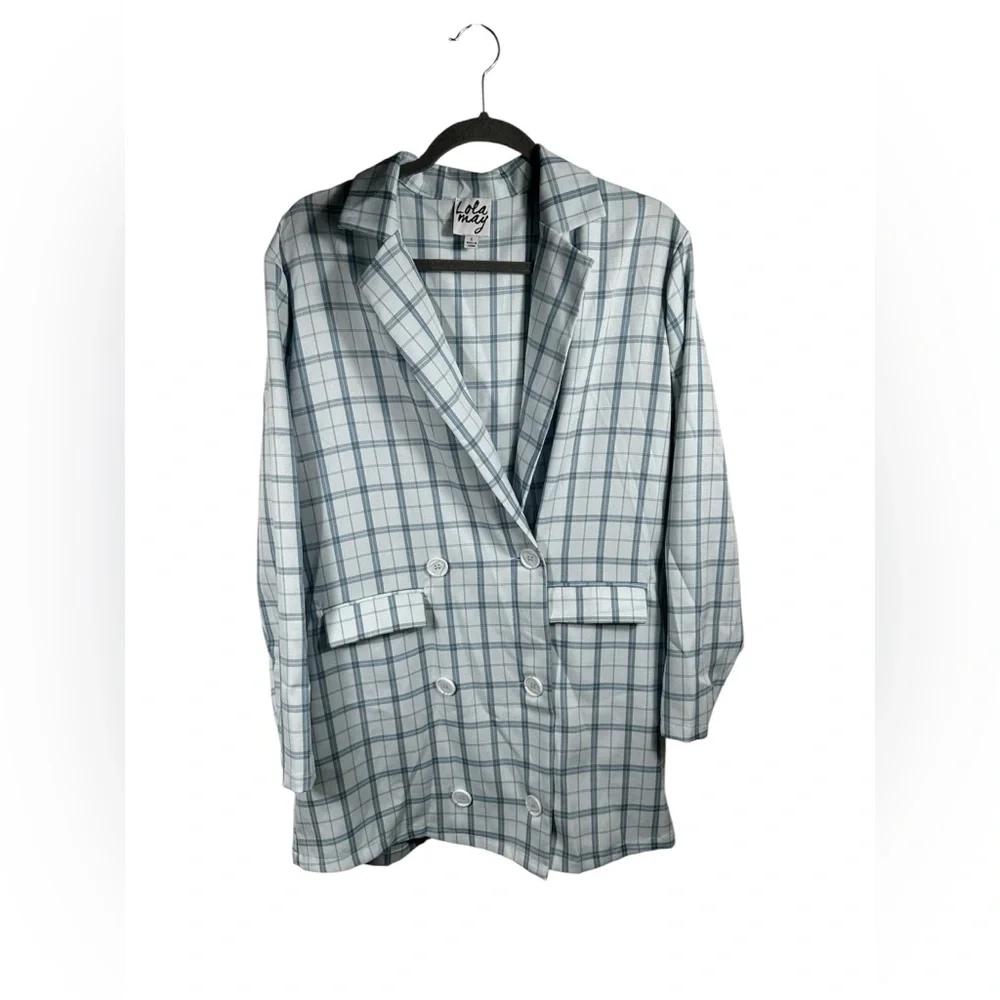 Lola‎ May Plaid Double Breasted Blazer Light Blue White Womens Size 6